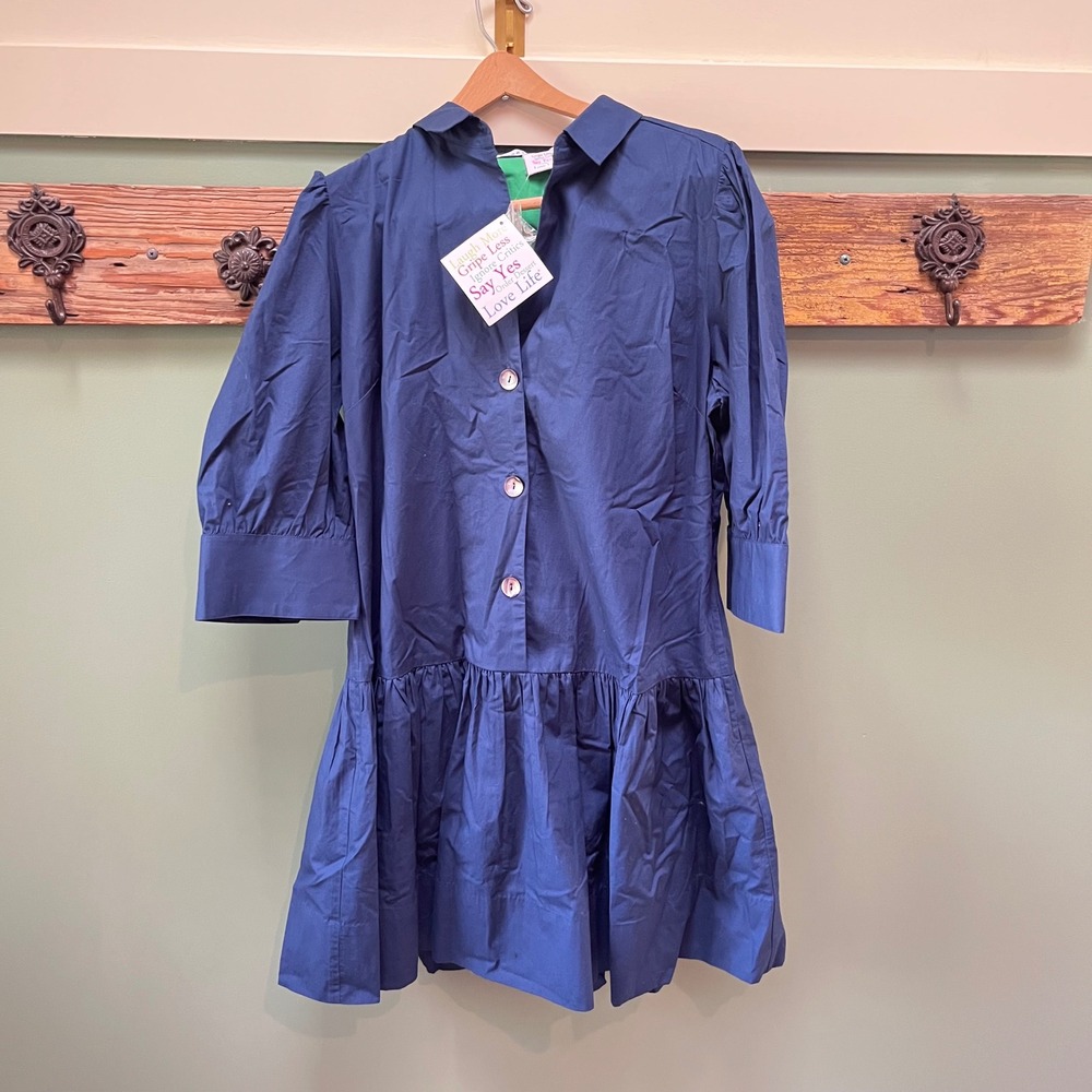 Gretchen Scott Navy Blue Tiered Button Front Shirt Dress Midi Puff Sleeve M‎